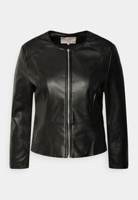 Black leather jacket with a round neckline, zip closure, and fitted design. Features smooth texture and stitched accents for added detail.