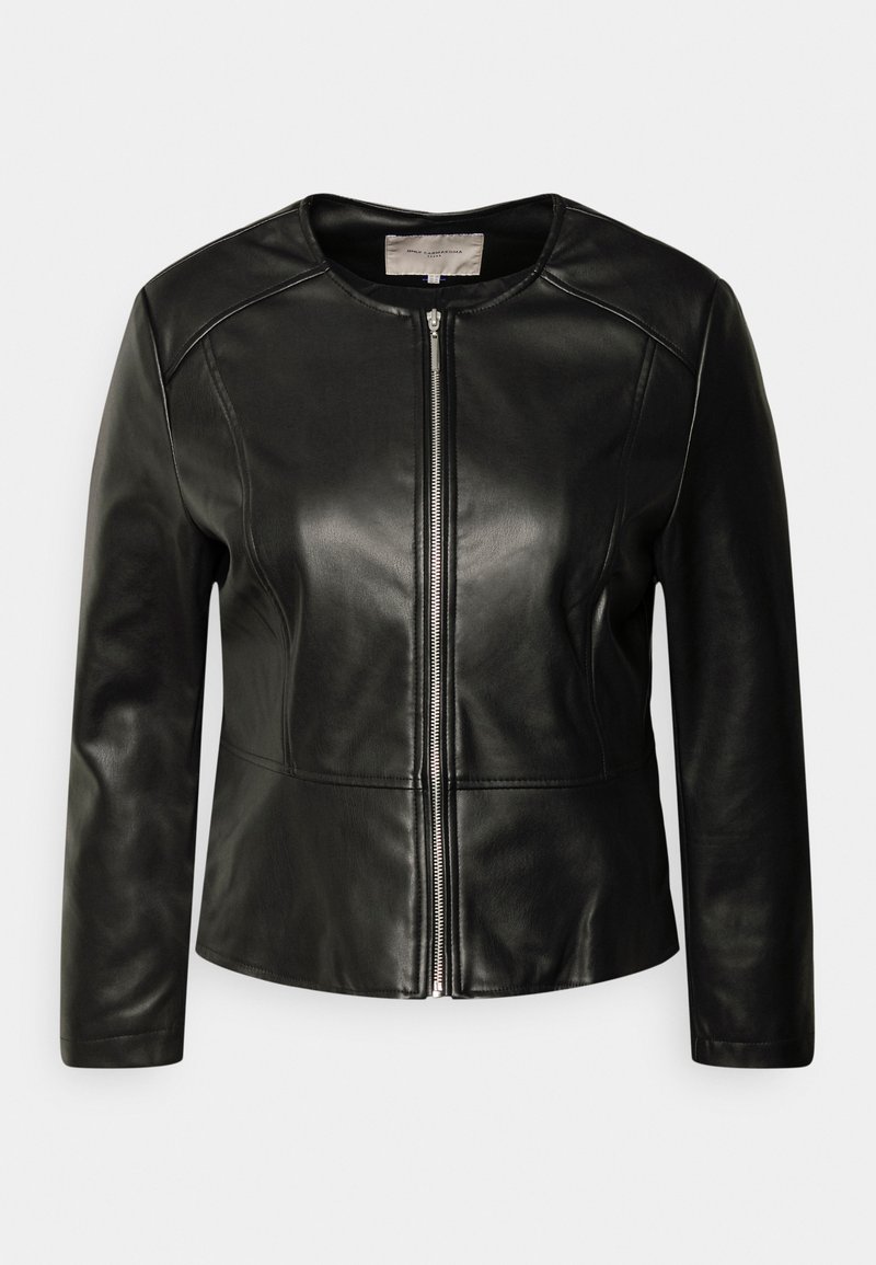 Black leather jacket with a round neckline, zip closure, and fitted design. Features smooth texture and stitched accents for added detail.