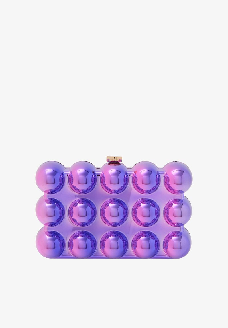 Lila és rózsaszín akril clutch, téglalap alakú, 16 gömbölyű díszítéssel és aranyszínű csattal. Simább, fényes felület.