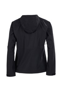 Schwarze, leichte Kapuzenjacke, von hinten gesehen, mit langen Ärmeln und einem kleinen Logo auf der rechten Schulter.