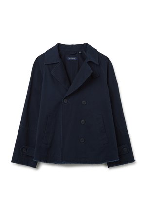Veste en coton bleu marine croisée avec de grands revers, deux poches avant et un ourlet effiloché. Dotée de boutons noirs et d'une coupe décontractée.