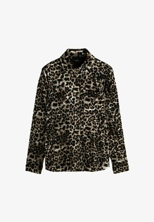 Košile na knoflíky s leopardím potiskem z měkkého sametu, dlouhé rukávy, límeček a jedna kapsa na prsou. Zemitě hnědé a černé odstíny.