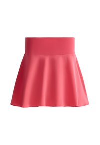 Jupe évasée rouge avec une taille haute et large, en tissu lisse, présentée sur fond blanc.
