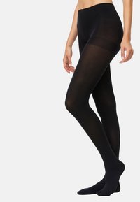 Medias negras con textura lisa y opaca; cintura alta; forma ajustada; sin patrones visibles ni adornos.