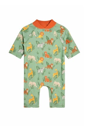 Une combinaison pour enfants à manches courtes en tissu extensible vert, ornée d'un motif d'animaux coloré et d'un col orange.