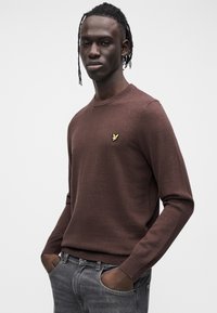 Young man with braided hair wearing a brown long-sleeve sweater with yellow bird emblem and faded grey jeans, hands in pockets.