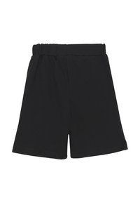 Shorts neri in cotone con vita elastica, taglio che arriva al ginocchio e texture liscia; senza tasche o dettagli aggiuntivi.