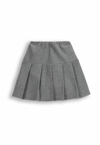 Szara plisowana spódnica z teksturowanym, paskowanym wzorem. Elastyczny pas u góry i rozszerzany krój z wieloma plisami.