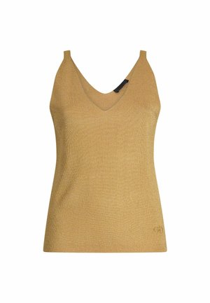 Goldfarbener Tanktop aus einem weichen, strukturierten Strickmaterial. V-Ausschnitt-Design mit verstellbaren Trägern. Logo-Detail am Saum.