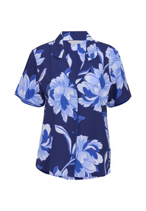 Granatowa koszula z krótkim rękawem na guziki, z dużym jasnoniebieskim i białym kwiatowym wzorem oraz kołnierzem z wycięciem.