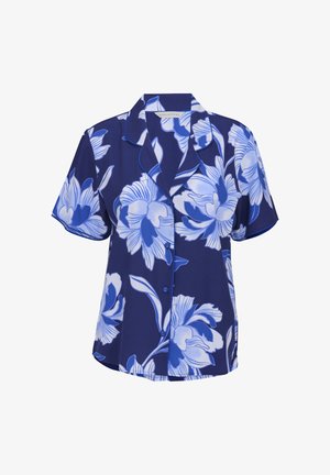 Granatowa koszula z krótkim rękawem na guziki, z dużym jasnoniebieskim i białym kwiatowym wzorem oraz kołnierzem z wycięciem.