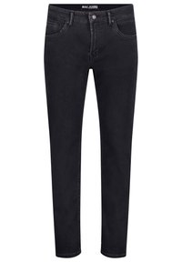 Schwarze Denim-Jeans mit slim fit, fünf Taschen und Gürtelschlaufen. Mit Knopfverschluss und dezenten Steppnähten.