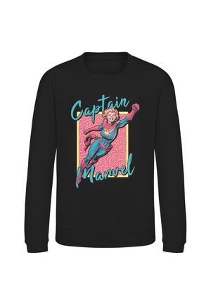 Sort sweatshirt med farverig illustration af Captain Marvel, der flyver, og tekst med "Captain Marvel" i blåt skrift.