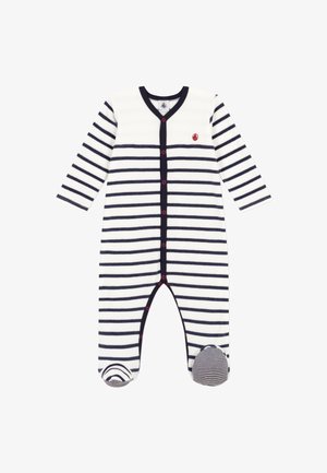 Prugasta dugouha majica s dugim rukavima u krem i mornarskoj plavoj boji. Ima zatvaranje na gumbe i čvrste manžete, s prugastim detaljima na stopalima. Mekana tkanina.