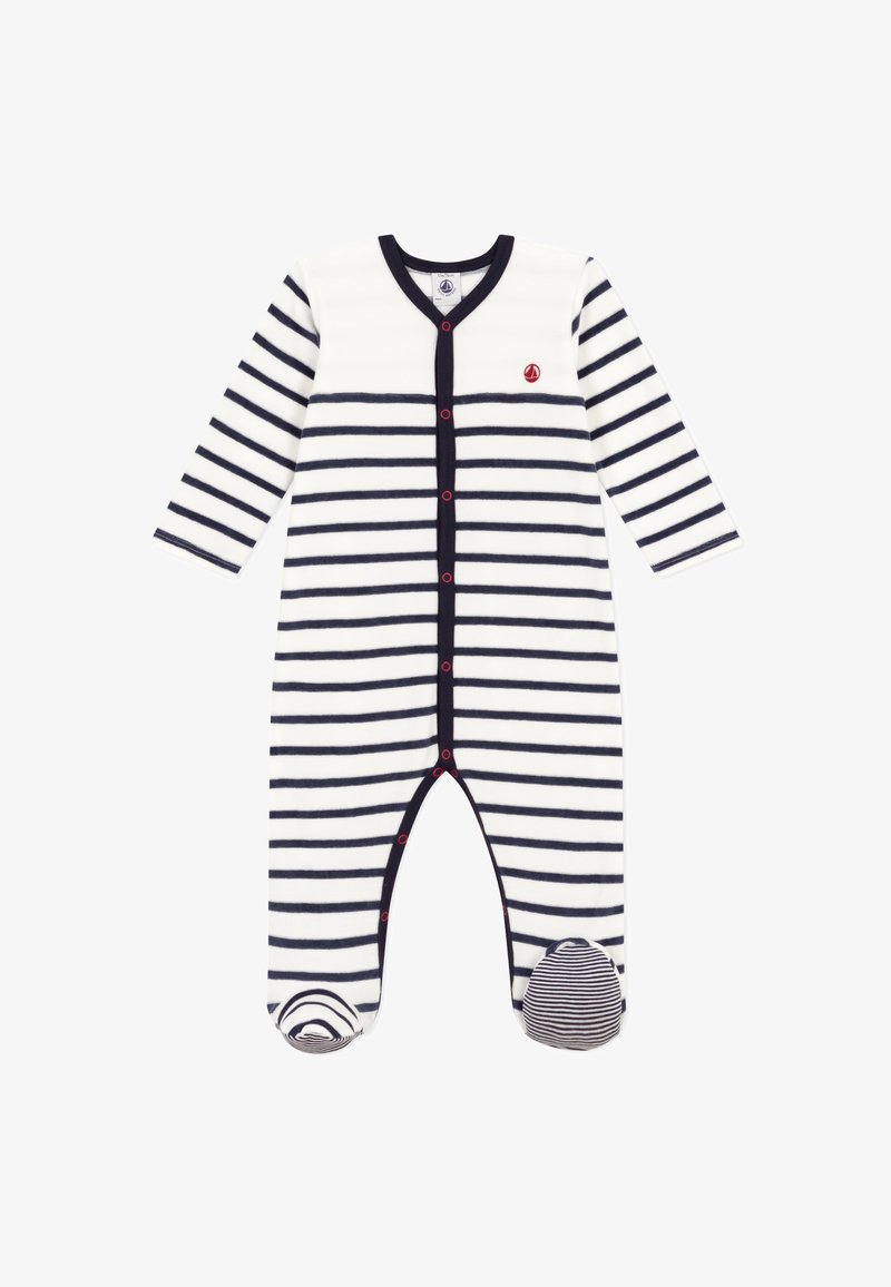 Striped long-sleeve onesie in cream and navy. Features a button closure and solid cuffs, with striped foot accents. Soft fabric texture.