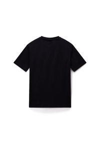 T-shirt de algodão preto, mangas curtas, decote redondo, design simples, vista traseira, textura suave, sem padrões ou gráficos visíveis.