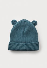 Gebreide beanie in teal met een omgeslagen rand, voorzien van twee kleine oorkleurige accenten bovenop. Textuur garen met een dichtgebreid ontwerp.