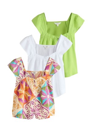 Three women's square-neck linen tops with puffed sleeves: one green, one white, and one multicolored with geometric floral patterns.