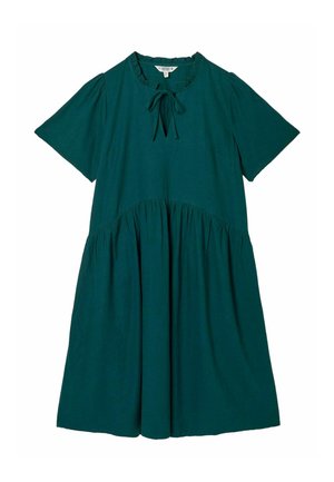 Mørkegrøn kortærmet kjole med taljeret linning, rund halsudskæring og bindedetalje foran.