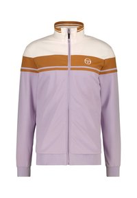 Lilac track jacket with a high collar, white and brown horizontal stripes, and a zip closure. Soft fabric with a sporty design.