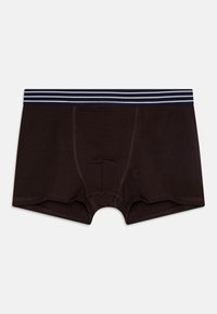 Brune bomullsboxershorts med et marineblått og hvitt stripet liv, med en frontåpning og flate sømmer for ekstra komfort.