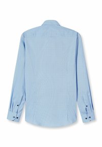 Hellblaues Langarmhemd mit kleinem geometrischem Muster, Knopfmanschetten und einem Standardkragen mit rundem Saum.