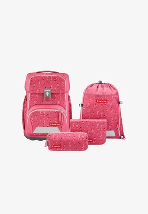 Pinkes Schulrucksack-Set mit reflektierenden Details, einschließlich Rucksack, Turnbeutel, Federmäppchen und Geldbörse, alle mit gepunktetem Muster.