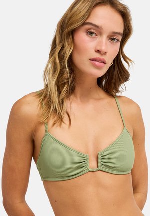 Green ribbed bikini top featuring a triangle shape, thin straps, gathered front detail, and subtle texture.