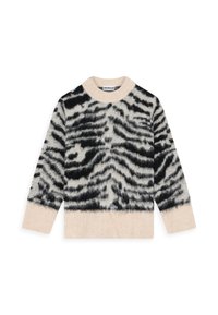 Chunky gebreide trui met een beige en zwart dierenprintontwerp. Heeft lange mouwen en een geribde halslijn en zoom. Zachte, gestructureerde stof.