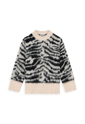 Paksu neulepusero, jossa on beige ja musta eläinkuos. Pitkät hihat ja ribbireunus kauluksessa ja helmassa. Pehmeä, tekstuuriainen kangas.