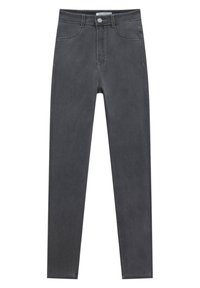 Jeans slim gris foncé avec poches avant, passants pour ceinture et fermeture par bouton à la taille.