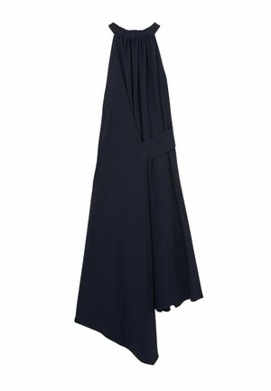 Tumesinist värvi asümmeetriline varrukateta kleit, millel on kogutud kaelus ja lai vöödetail vöökohal.