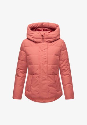 Rosa Pufferjacke mit hohem Kragen, Reißverschluss vorne und Fronttaschen. Glattes Material mit einem gesteppten Muster zur Isolierung.