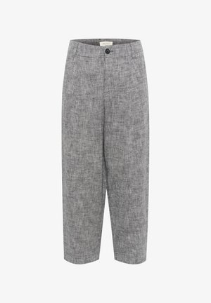 Sive lanene hlače ravnog kroja, sa prednjim zatvaranjem na dugme i dva bočna džepa. Teksturirana tkanina sa suptilnim uzorkom.