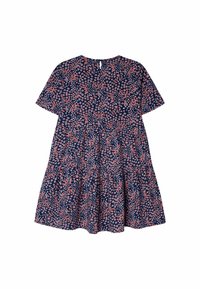 Námořnický modrý šaty s květinovým vzorem v růžové a bílé, krátkými rukávy a návrhem vrstvené sukně. Zahrnuje detail klíčové díry na zádech.