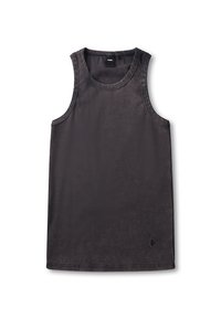 Σκούρο γκρι αμάνικο τοπ από μαλακό ύφασμα. Διαθέτει στρογγυλή λαιμόκοψη, ριμπ άκρα και μικρό λογότυπο της μάρκας κοντά στο τελείωμα.