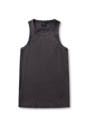 Sötétszürke, ujjatlan trikó puha anyagból. Kerek nyakkivágás, bordázott szegélyek és egy kis márkajelzés a szegély közelében.