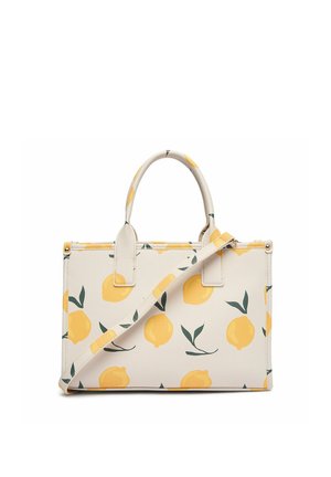 Cremetote mit gelbem Zitronen- und grünem Blattmuster, doppelten Griffen und verstellbarem Schultergurt an der Vorderseite.