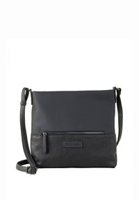 Zwarte crossbodytas met een glad bovenstuk van kunstleer en een textuur in het onderste paneel. Voorzien van een voorvak met rits en een verstelbare riem.