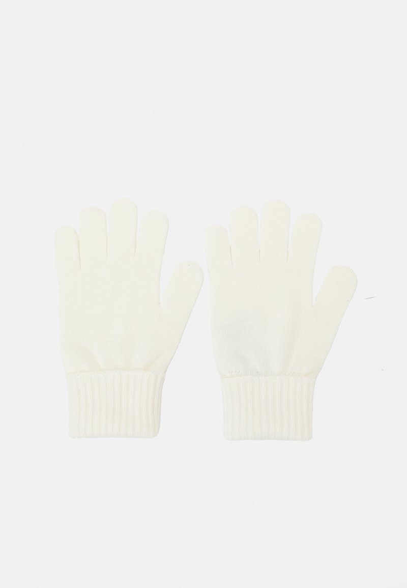 Λευκά πλεκτά γάντια με ριχτό μανσέτα. Τα γάντια έχουν πέντε δάχτυλα και απαλή υφή. Δεν υπάρχουν σχέδια ή επιπλέον λεπτομέρειες ορατές.