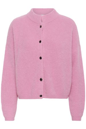 Pinky cardigan lavet af struktureret strikket stof, med høj krave, lange ærmer og seks sorte knapper ned ad fronten.