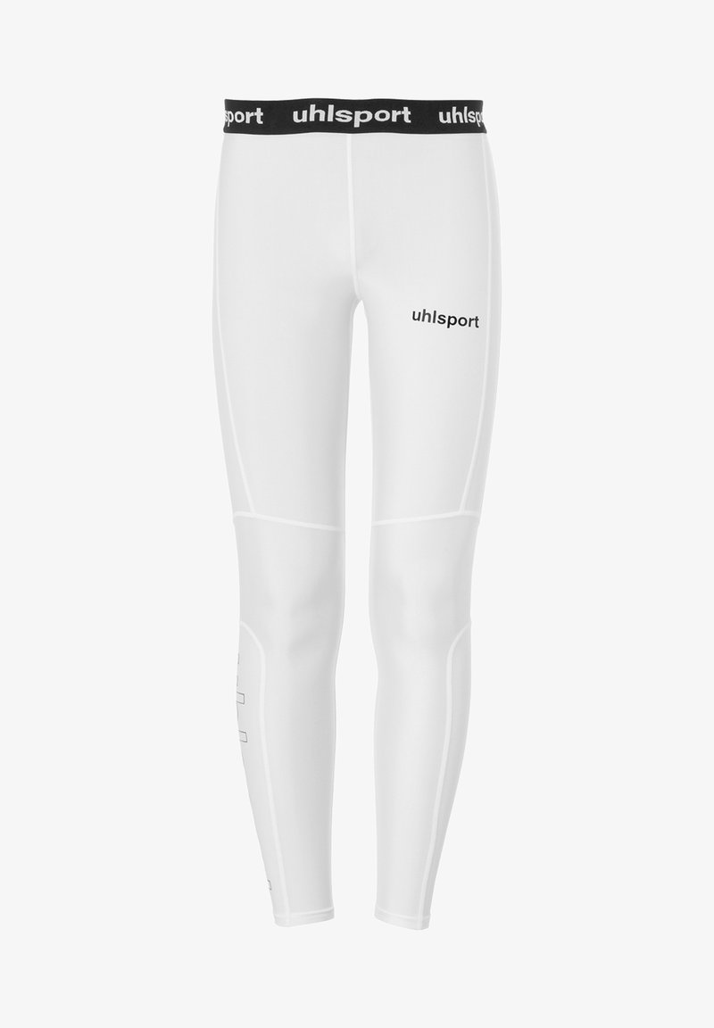 Leggings sportivi bianchi con cintura nera che presenta il logo "uhlsport". Tessuto liscio e stretch con cuciture e dettagli di design sulle gambe.