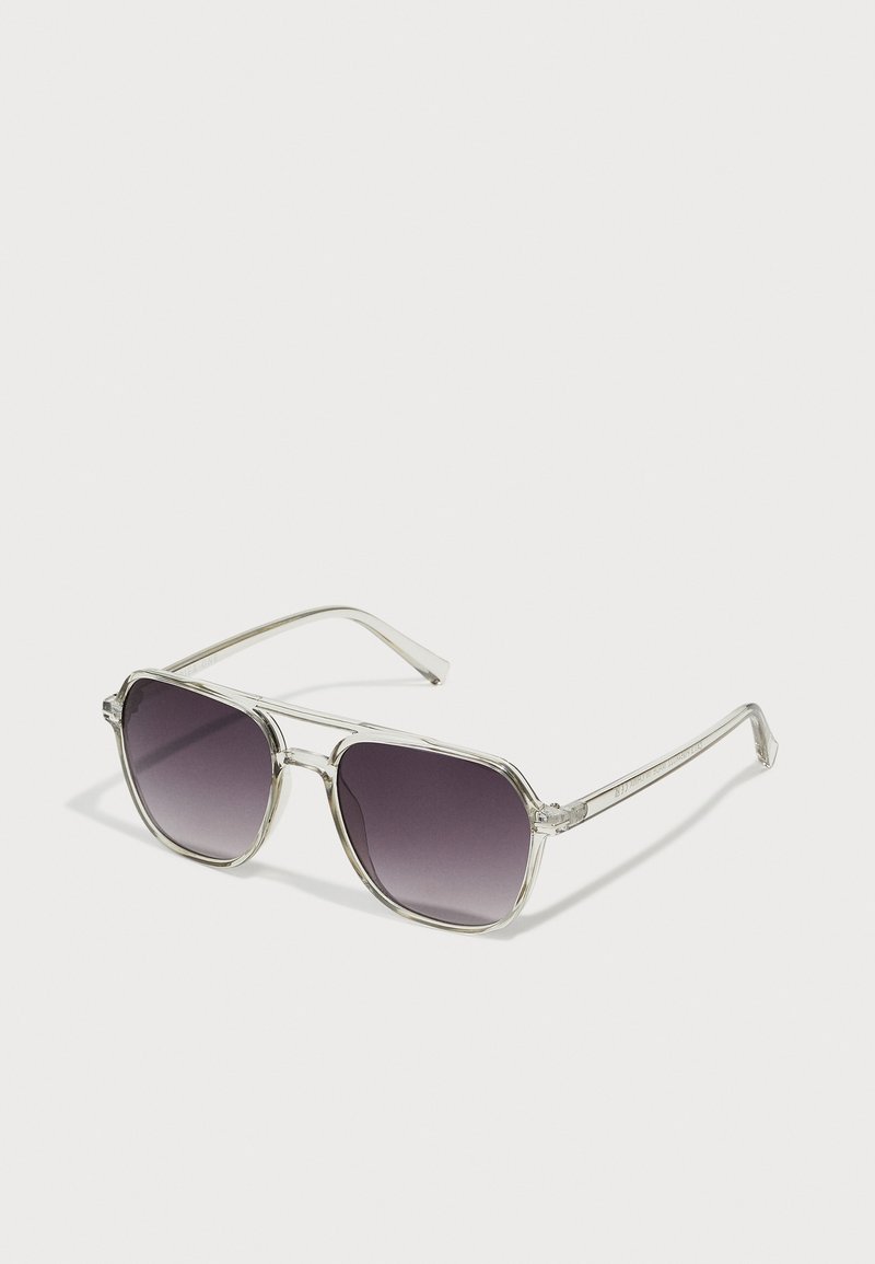 Clear-framed sunglasses with a square shape and gradient gray lenses. Slim silver accents on the temples add detail.