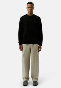 Felpa nera con un piccolo logo sul lato sinistro del petto, abbinata a pantaloni cargo beige chiaro con tasche laterali. Sneakers grigie.