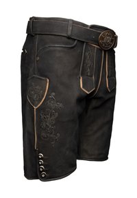 Shorts en cuir noir avec des coutures contrastantes en tan, broderies décoratives et boutons-pression sur le devant et les poches latérales, dotés d'une ceinture.