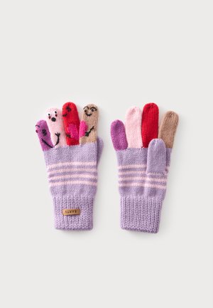 Paire de gants tricotés violets rayés avec des doigts multicolores, chaque doigt présentant un visage souriant différent.
