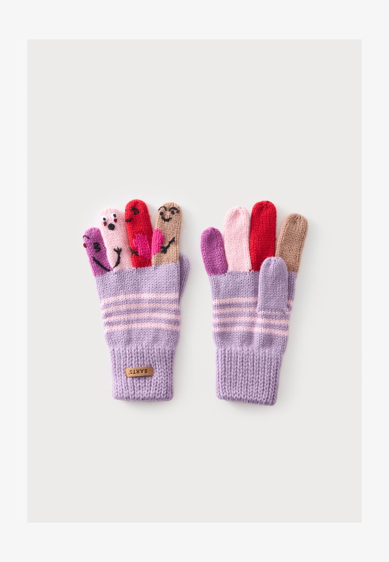 Paire de gants tricotés violets rayés avec des doigts multicolores, chaque doigt présentant un visage souriant différent.