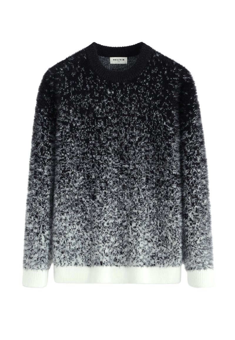 Pull en dégradé noir et blanc flou avec un col rond et des poignets et un ourlet en côtes blanches. Tissu texturé avec des fibres de différentes longueurs.