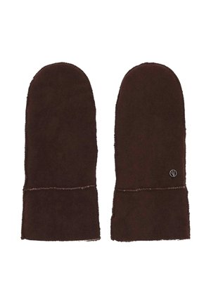 Pair of dark brown fleece mittens with visible stitching and a small round metal logo on one mitten’s wrist area.