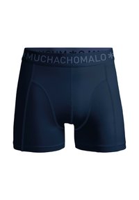 Muške bokserice tamnoplave boje, izrađene od glatke tkanine. Imaju široku elastičnu traku s logom "MUCHACHO" i ravnim šavovima.